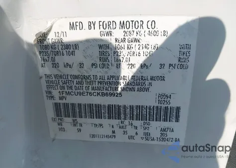 2012 Ford Escape Limited z USA, uszkodzony, nr VIN 1FMCU9E76CKB69925